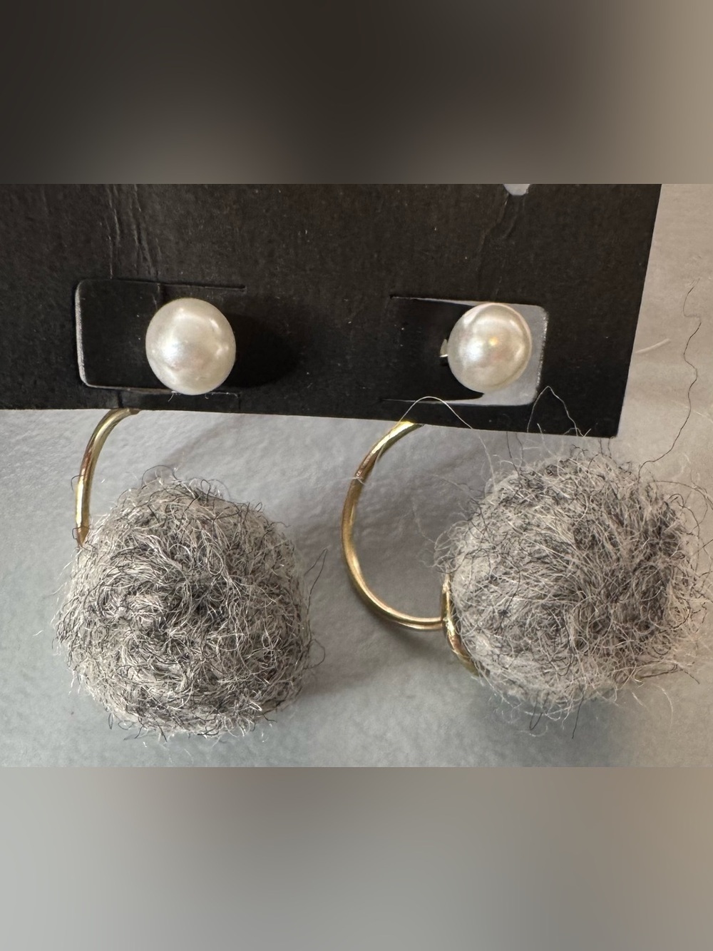 Pearl Top Hoop Earrings with Gray Pom-Pom Drops classy preppy fall statement